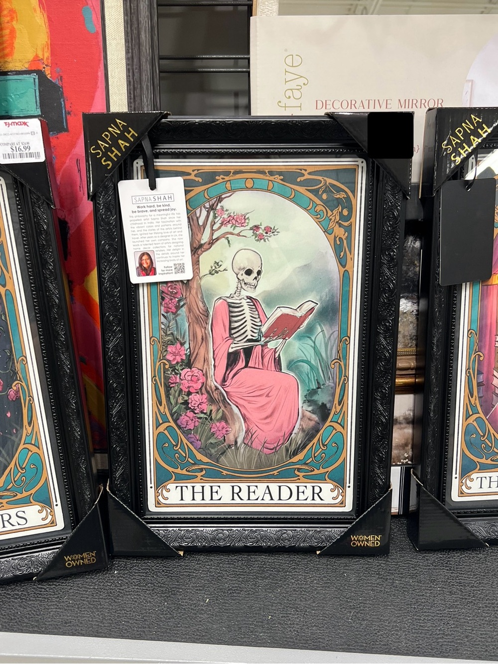 NWT Sapna Shah 'The Reader' Skeleton Black Framed Halloween Gothic Wall Art